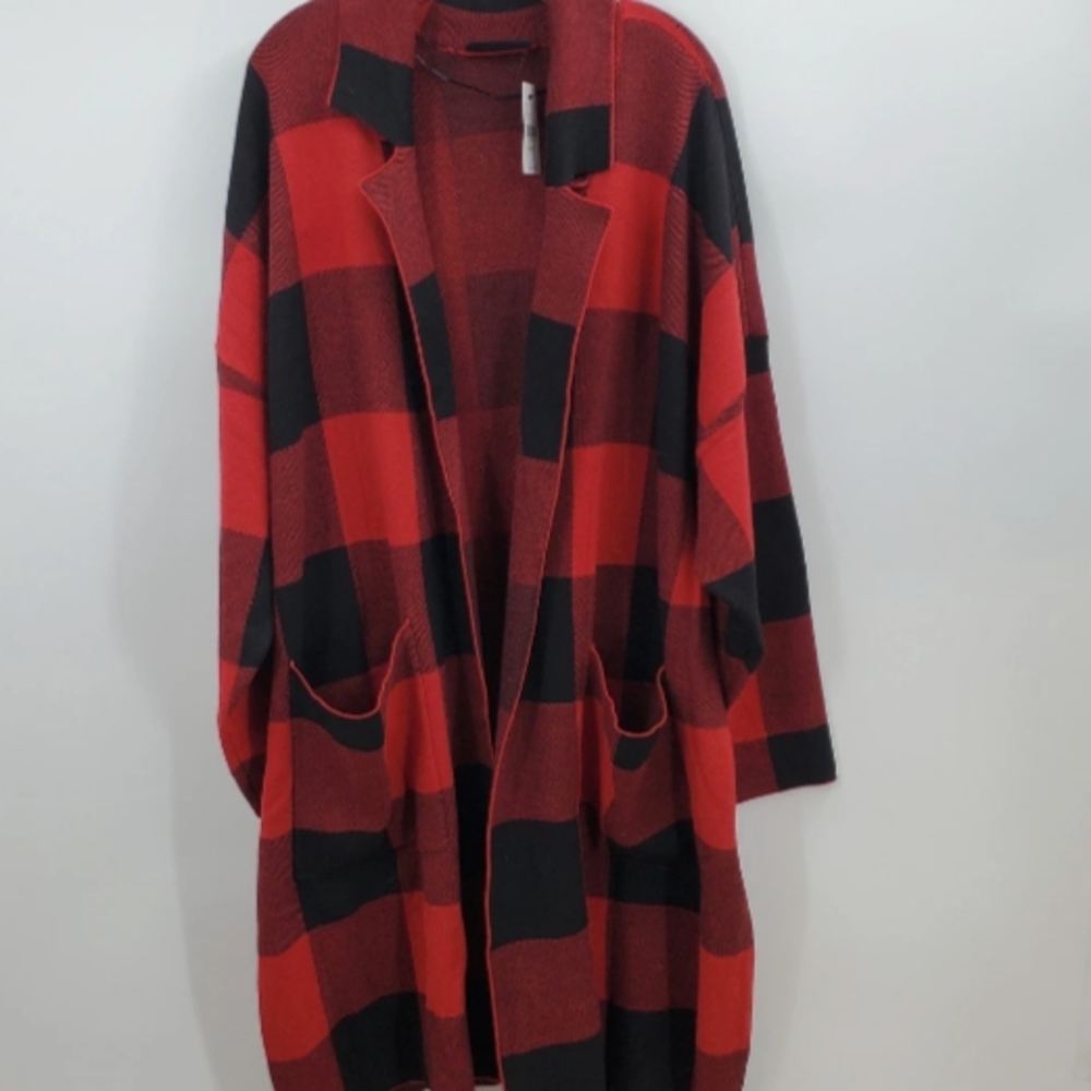 Lane Bryant Plaid Open Front Cardigan Sweater - Red and Black